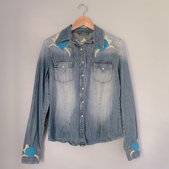 Embroidered and Screen Printed Denim Long Sleeve - Picture 2 of 16